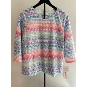 NWT's Alfred Dunner Sz M Petite‎ Top Multicolor Geo Striped Shimmer Blouse
